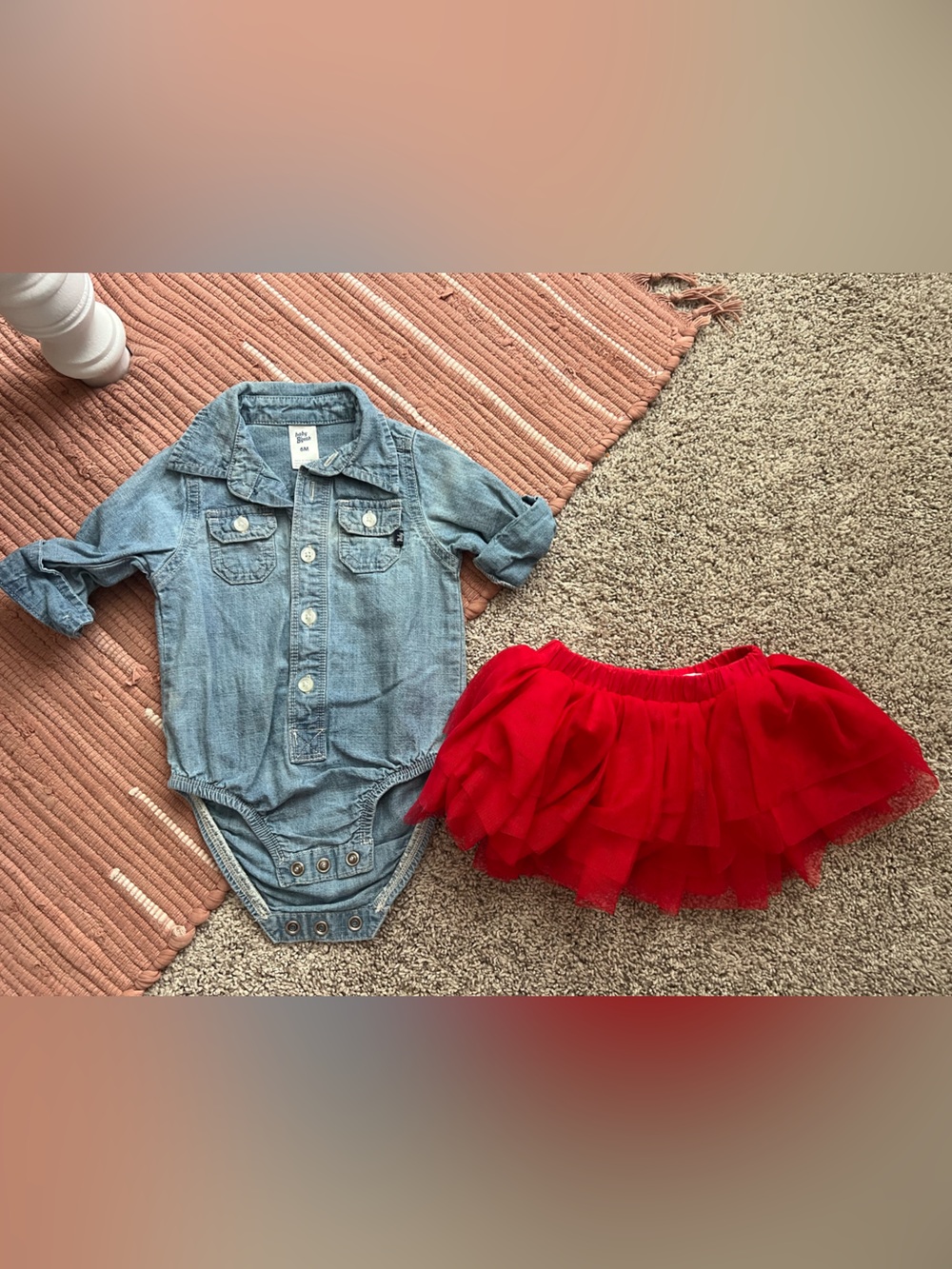 OshKosh B'gosh Light Blue Denim Button-Up Romper with Bright Red Tulle Skirt